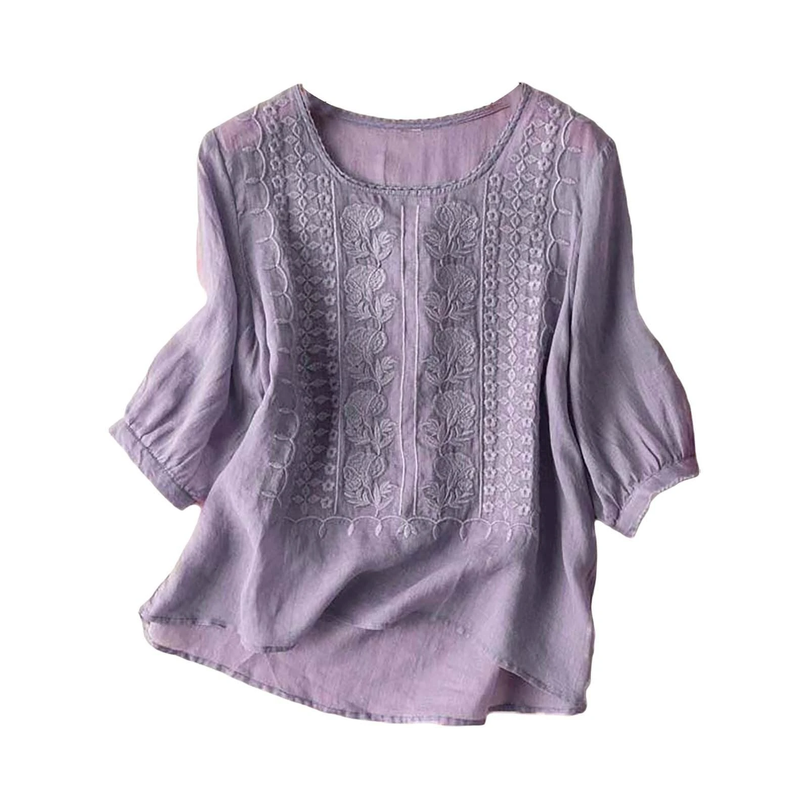 Womens 3/4 Sleeve Tops Summer Tunic Shirts Casual Dressy Crew Neck Top Printed Pleated Blouses