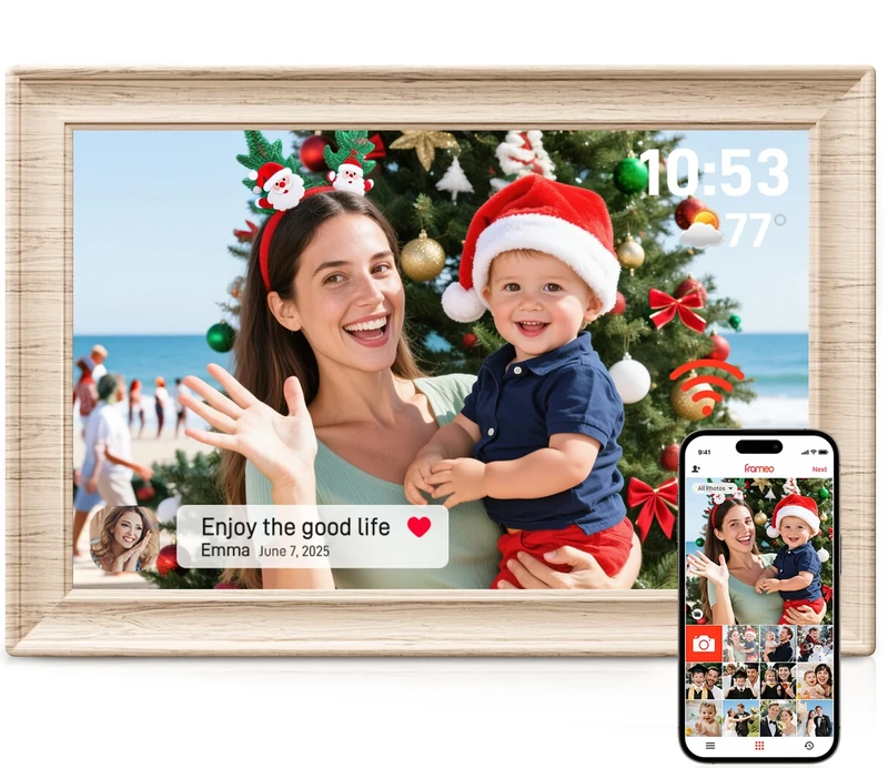 Frameo 10.1" WiFi Digital Photo Frame,Built in 32GB Memory, IPS HD Touch Screen Electronic Photo Frame, Auto-Rotate & Wall Mountable, Share Photos/Video Remotely Anywhere (White Birch Wood)