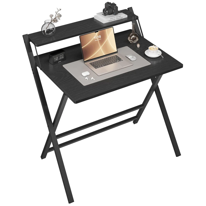 Yaheetech Foldable Desk with Monitor Stand,80 cm Computer Desk for Small Spaces,2-Tier Folding Table for Home, Office, School, Dormitory,Easy Assembly(Black)