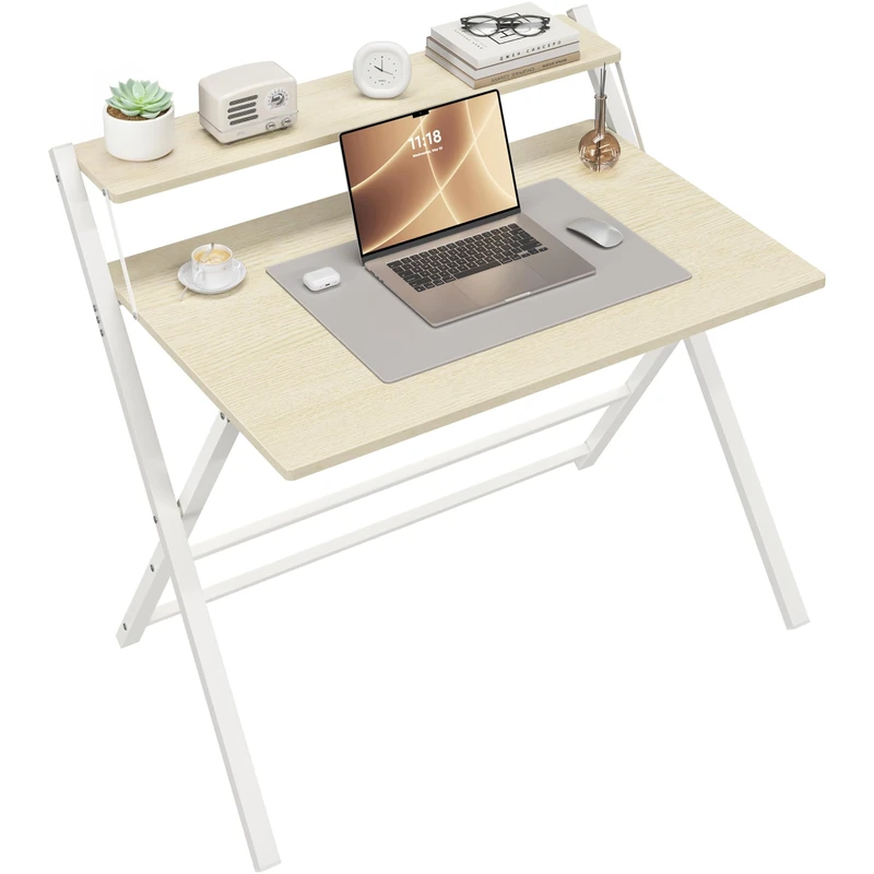 Yaheetech Foldable Desk with Monitor Stand,100 cm Computer Desk for Small Spaces,2-Tier Folding Table for Home, Office, School, Dormitory,Easy Assembly(Natural Wood)