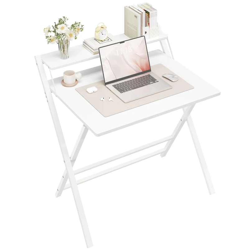 Yaheetech Foldable Desk with Monitor Stand,80 cm Computer Desk for Small Spaces,2-Tier Folding Table for Home, Office, School, Dormitory,Easy Assembly(White)
