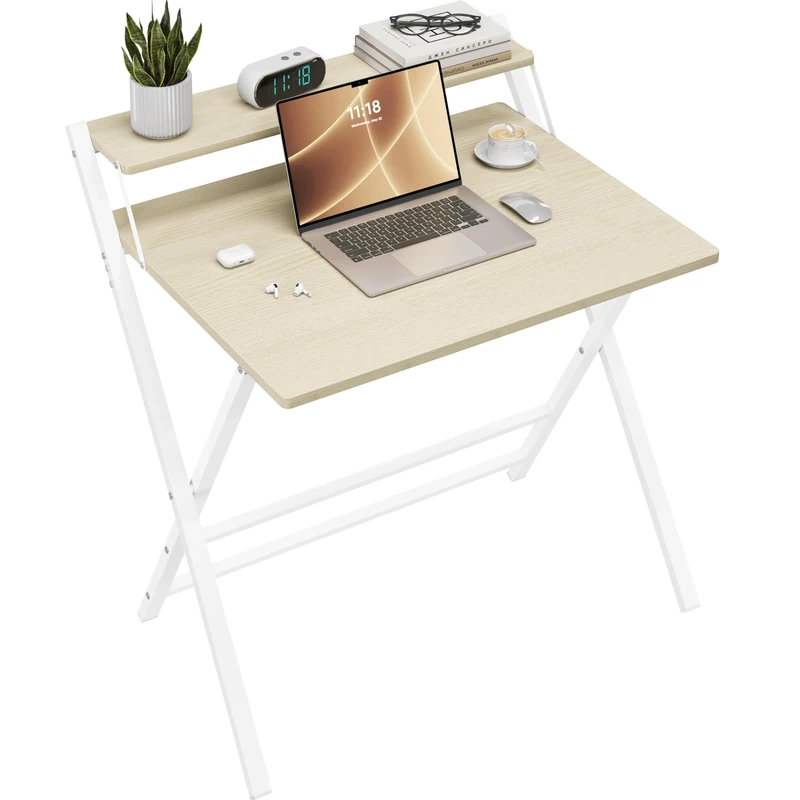 Yaheetech Foldable Desk with Monitor Stand,80 cm Computer Desk for Small Spaces,2-Tier Folding Table for Home, Office, School, Dormitory,Easy Assembly(Natural Wood)