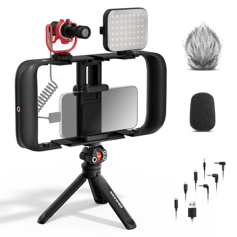 NEEWER BASICS Vlogging Kit with Phone Cage Rig Microphone LED Fill Light Tripod Compatible with iPhone, YouTuber Starter Content Creator Essential for YouTube TikTok Streaming Video Recording, PA055