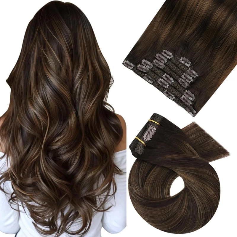 Moresoo Clip in Hair Extensions Real Human Hair Root Darkest Brown Balayage Chestnut Brown Remy Human Hair Extensions Clip in Long 24 Inch for Women Adding Length Daily Use 7pcs/120g #2/6/2