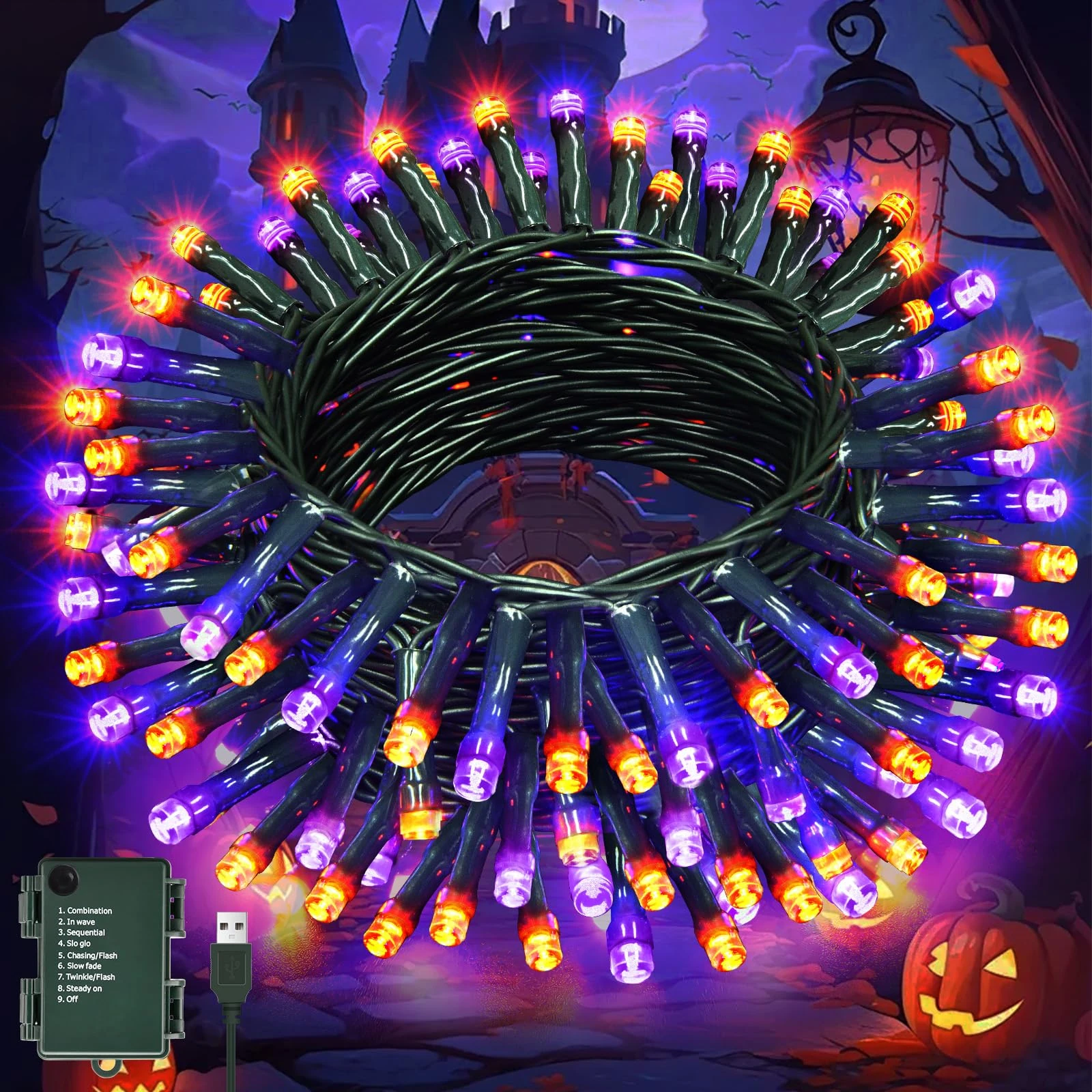 Lincentra Fairy Lights Battery Operated, 5M 50 LED Waterproof String Lights with Timer, Lights Outdoor Indoor for Halloween Decorations, Bedroom, Door, Window, Terrace, Party, Orange&Purple