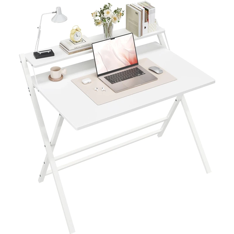 Yaheetech Foldable Desk with Monitor Stand,100 cm Computer Desk for Small Spaces,2-Tier Folding Table for Home, Office, School, Dormitory,Easy Assembly(White)