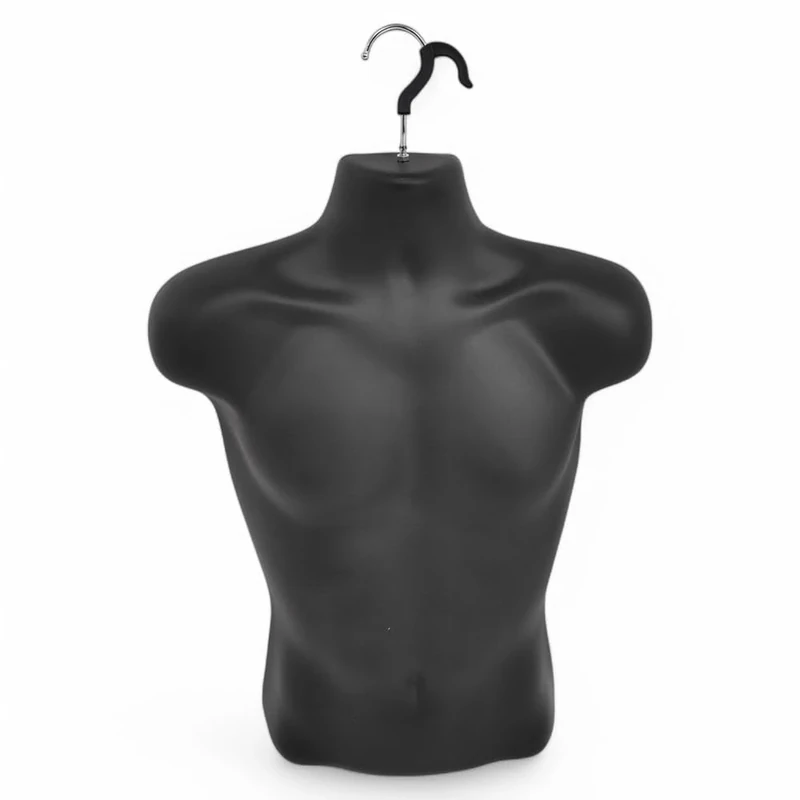 Matt Black-Male Hanging Mannequin Torso – Hard Plastic 3/4 Body Form with Hook – Hollow Back Display Bust for Tops, Shirts, Accessories