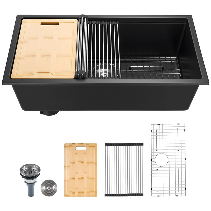 VEVOR 84 cm Kitchen Sink Workstation, Undermount Granite Sink, Drop-in Single Bowl Farmhouse Basin with Multiple Accessories, Household Dishwasher Sinks for RV, Prep Kitchen, and Bar (Black)