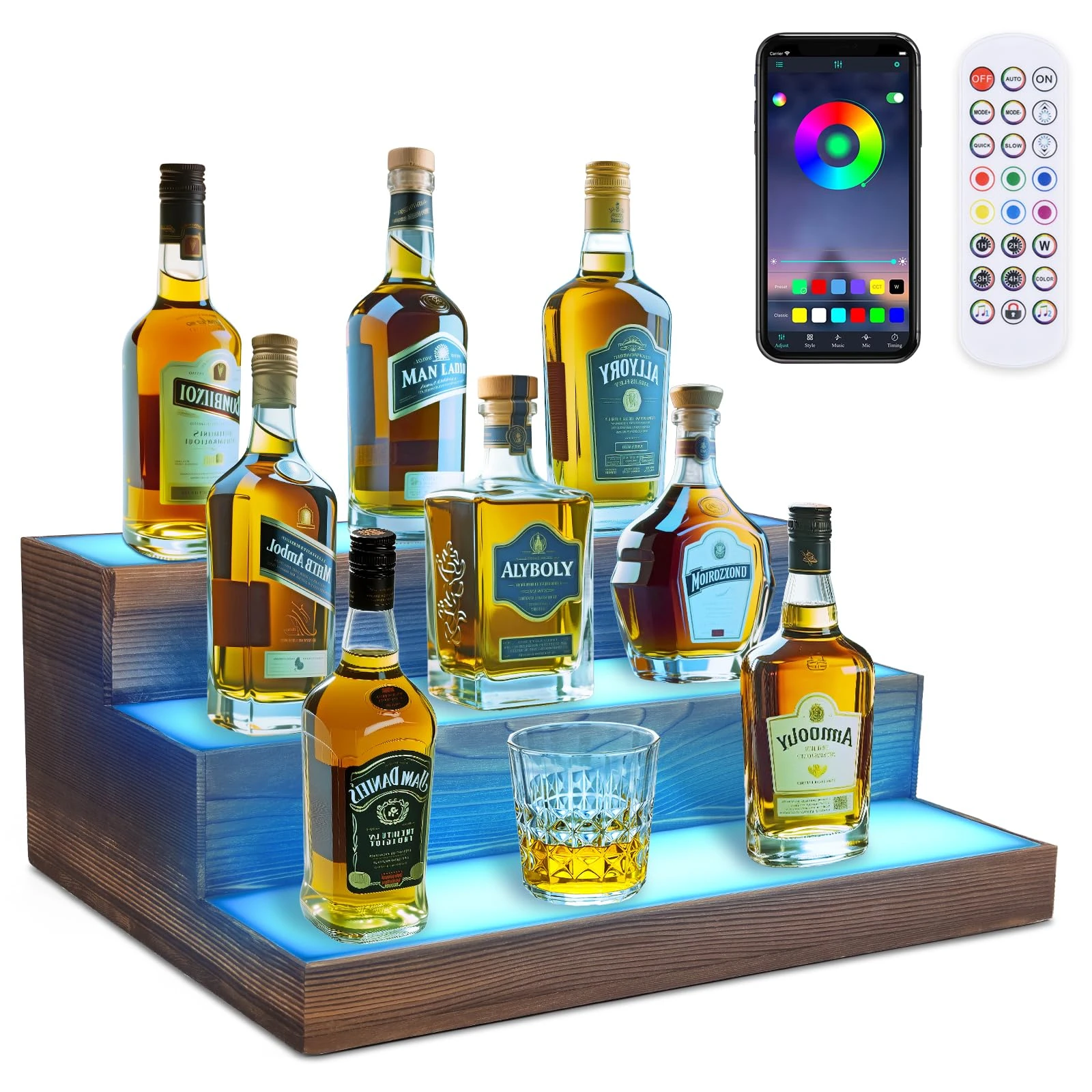 BEARUT 3 Tier Wine Rack with Light LED Liquor Bottle Display Case Acrylic Illuminated Bar Bottle Display Shelf RGB Lighting for Home Commercial Bar Party