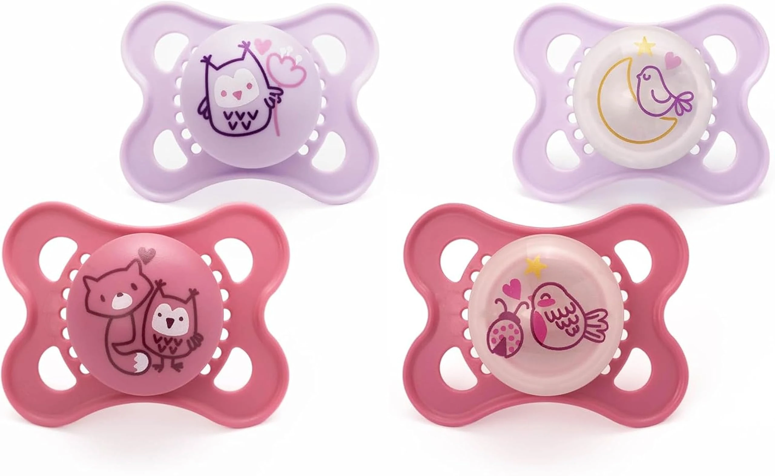 MAM Original Day & Night Soothers | 0-6 Months | 4 Pack | Includes 2x Glow in The Dark Dummies | Orthodontic Design | Baby Accessories | Pink (Various Designs)