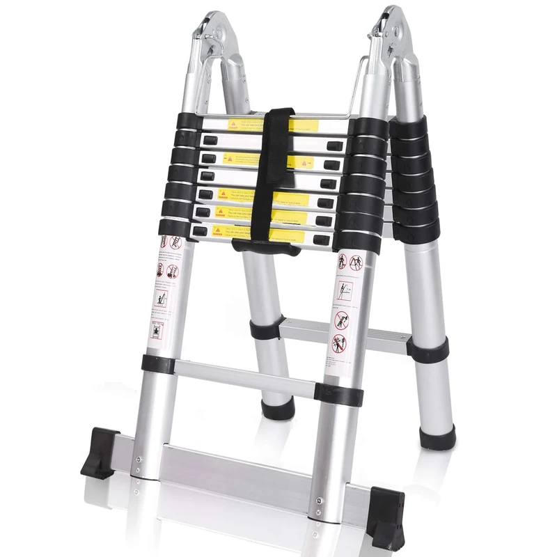 COOCHEER Telescopic Ladder, Aluminium 5 m, Folding Ladder, Extendable Ladder, Multi-Purpose Ladder, 16 Steps, Maximum Load 150 kg, Silver
