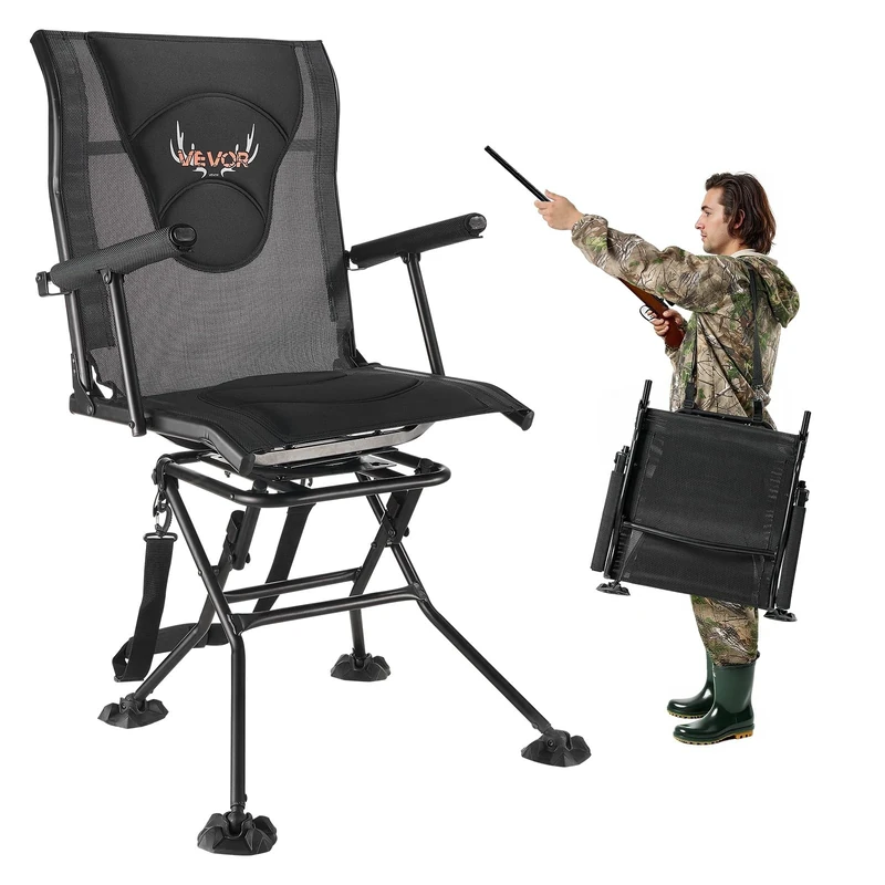 VEVOR Hunting Chair, 360° Silent Swivel, Foldable Portable Blind Chair, Heavy-Duty Steel Frame Ground Stool Seat, with Armrests, Adjustable Carry Strap, Anti-Sink Feet, 136 Kg Capacity for Fishing