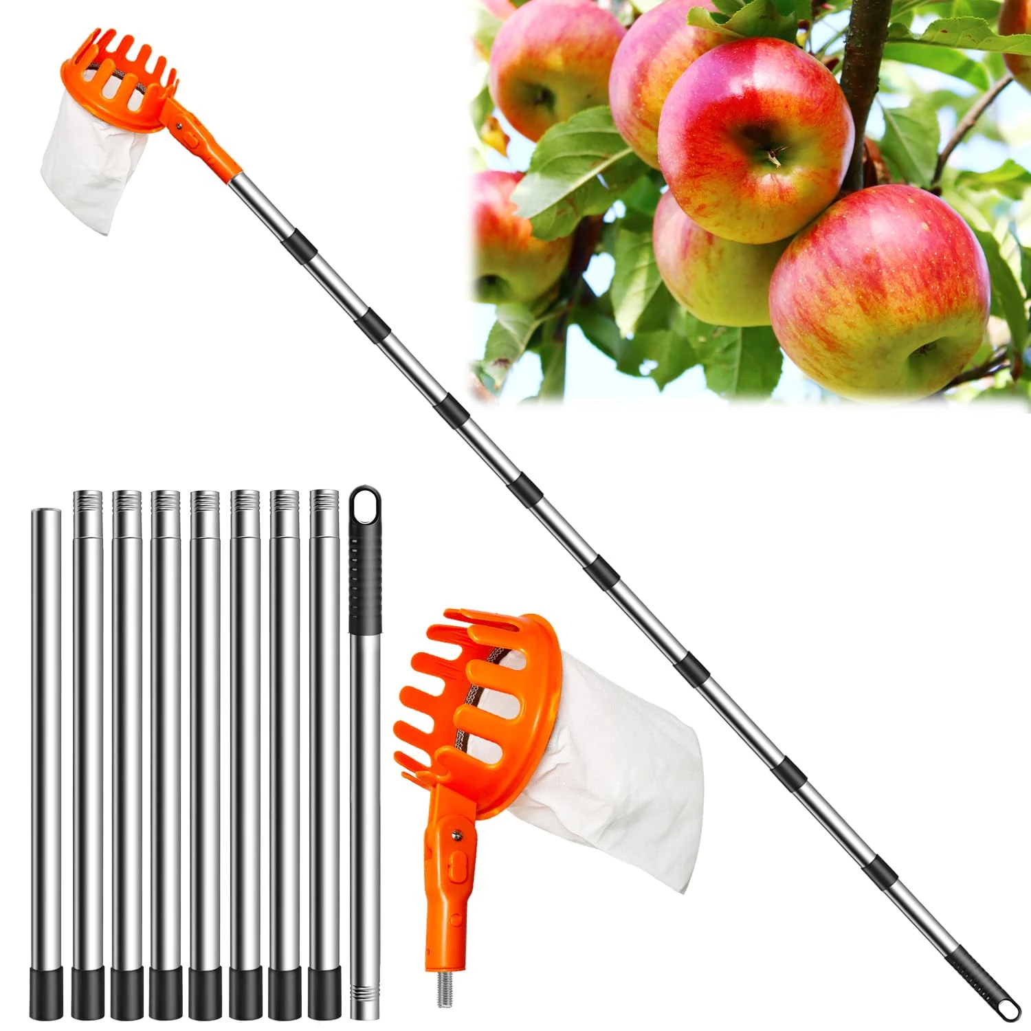 koyata Fruit Picker Apple Picker with 10 Sections 4.2M Long Telescopic Handle,Fruit Picking Tool with Fabric Bag Holder, Adjustable Head, Lightweight Apple Tree Picker Tool, Easy to Assemble
