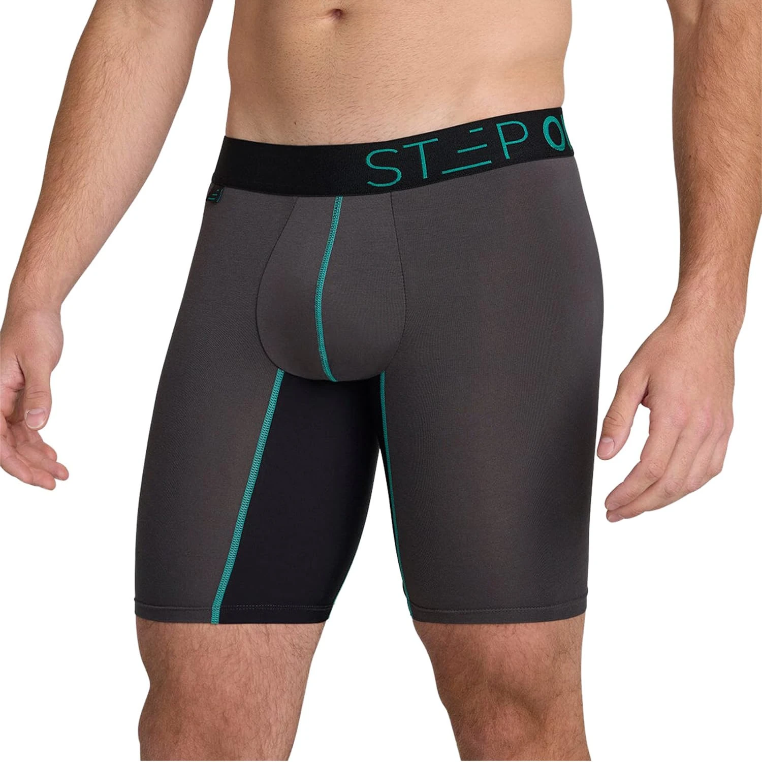 STEP ONE Boxer Brief Sport. Longer Length Mens Boxers Shorts with 3D Pouch, Anti Chafing Underwear Mens, Breathable Bamboo, All-Day Comfort for Sports & Fitness Grey and Teal XL
