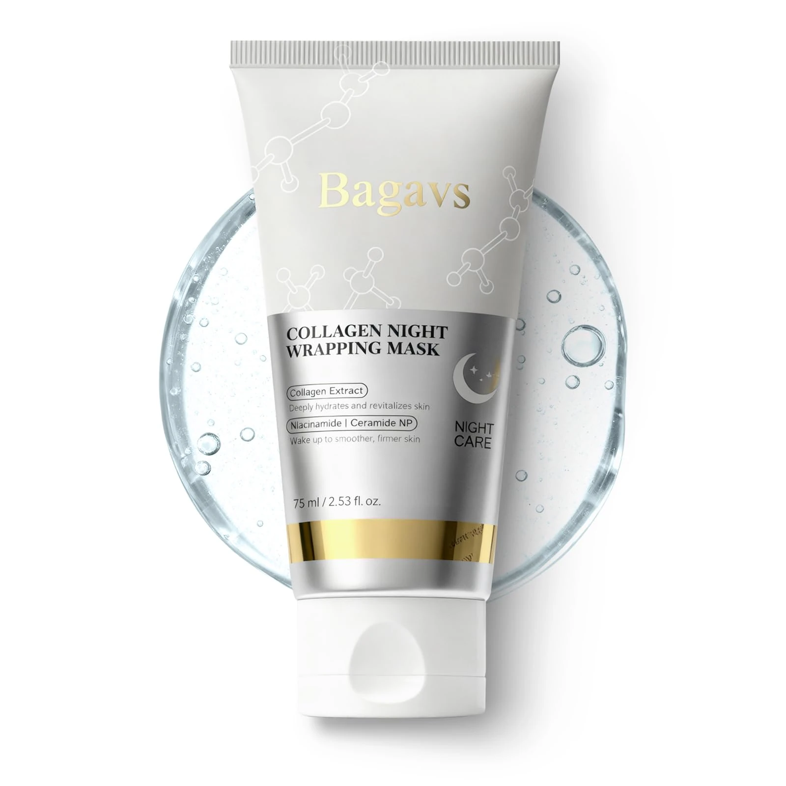 Bagavs Collagen Night Wrapping Mask, Overnight Sleeping Peel-Off Face Mask, Reduces Fine Lines, Improves Skin Elasticity, Intensive Hydration, 75ml/2.53 fl. Oz with Brush Included