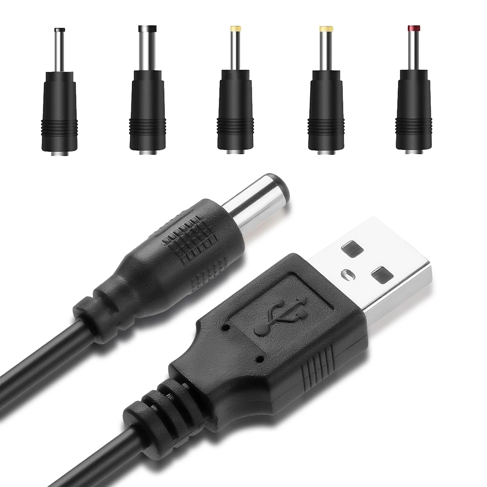 USB to DC Power Cable 5V Universal,USB to DC,5 Connectors,2.5x0.7mm,3.0x1.0mm,3.5x1.35mm,4.0x1.7mm 5.5 x 2.1mm Applicable to Laptops, Router, Bluetooth Speakers vibrator charger