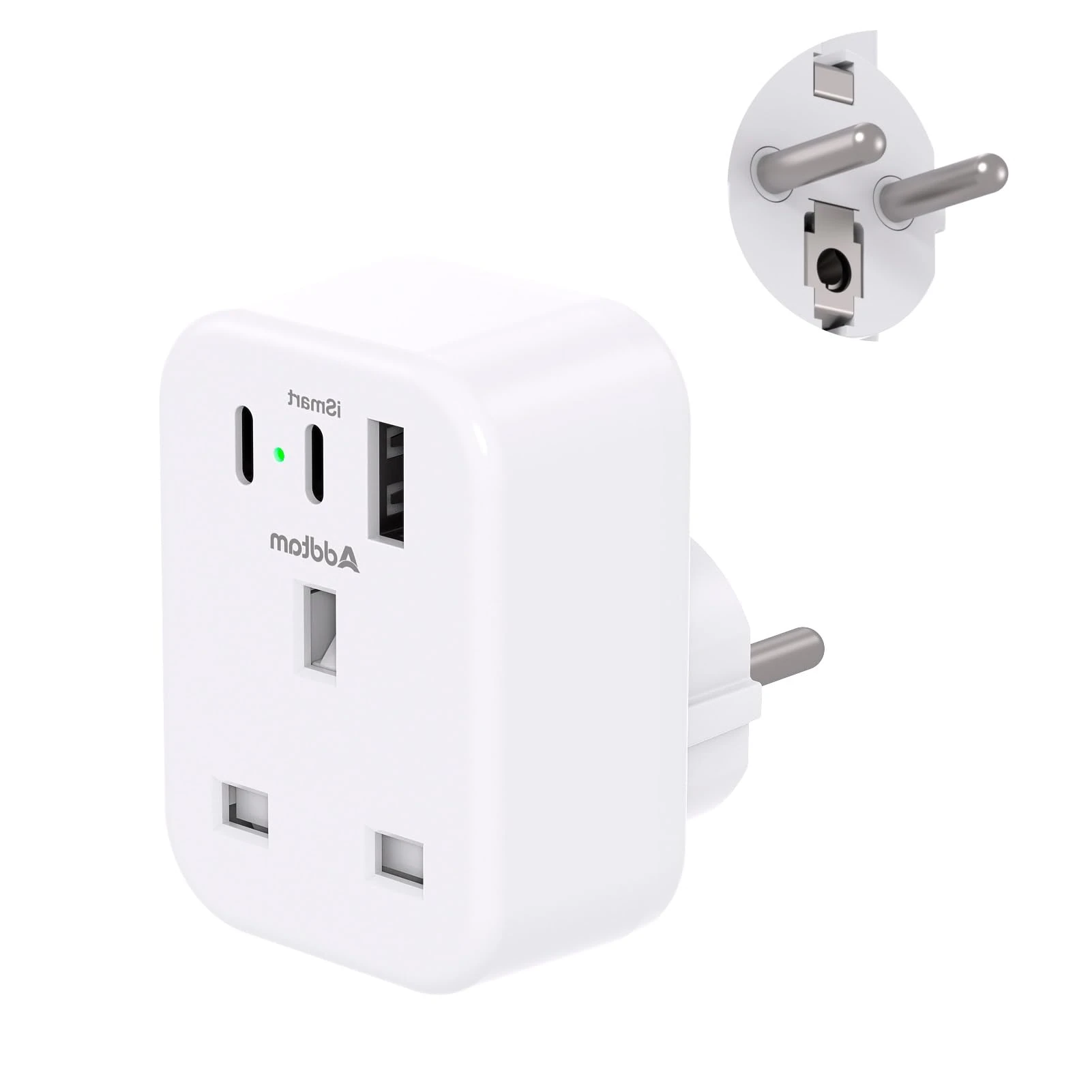 Addtam UK to European Adapter Plug, EU Schuko Travel Adaptor with 3 USB Ports, Euro Europe Grounded Charger for Germany France Spain Turkey Russia Iceland Greece Poland (Type E/F)