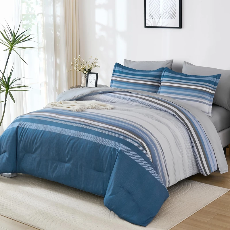 Dobuyly Grayish Blue Queen Comforter Set 7 Pieces, Boho Striped Bed in a Bag Queen Size Soft Microfiber All Season Grey Bedding Set with Comforter, Sheets, Pillowcases & Shams