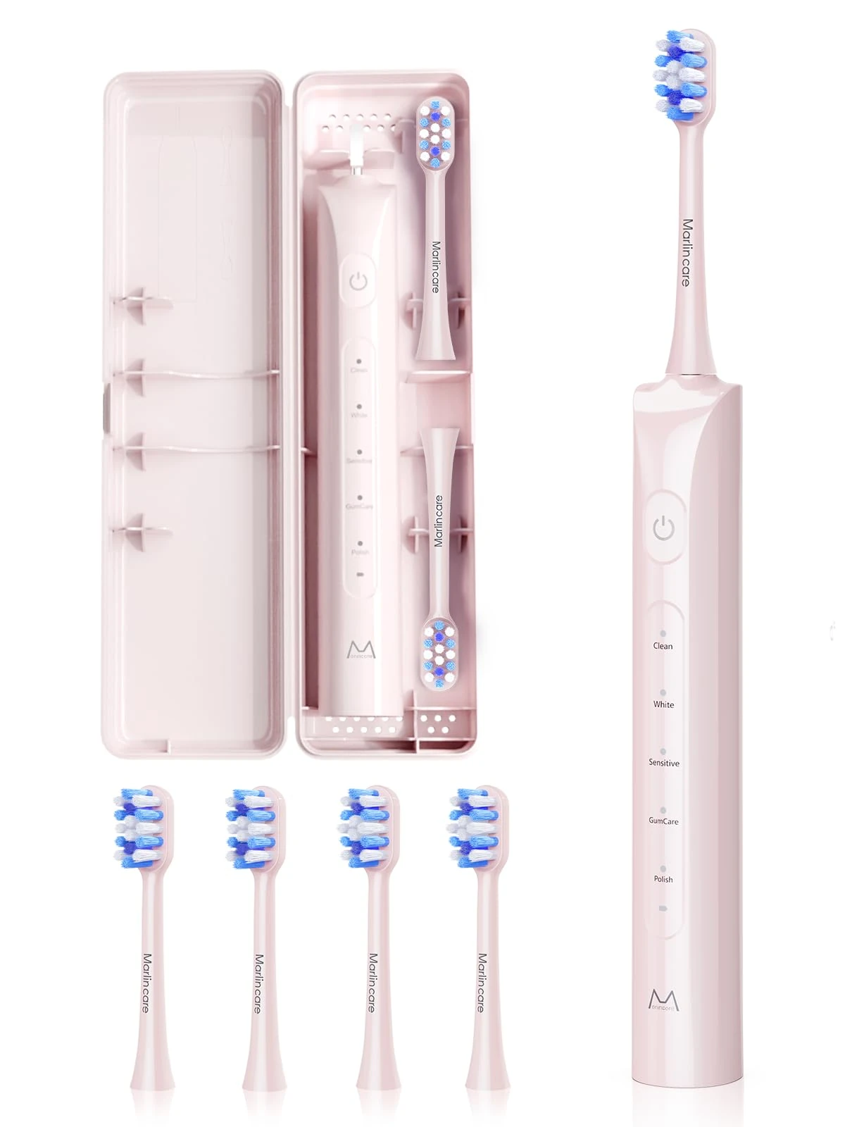 Marlincare Sonic Electric Toothbrush, 180-Day Battery Life, 55,000 VPM, 5 Modes & Smart Timer, IPX8 Waterproof, Ultra-Quiet <55dB, Rechargeable Toothbrush with 4 Brush Heads & Travel Case (Pink)