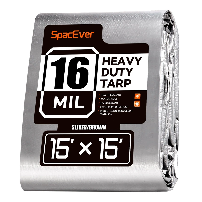 SpacEver 15x15 FT Tarp Waterproof, 16 Mil Tarps Heavy Duty Waterproof Multipurpose Protective Cover UV Resistant Rip & Tear Resistant of with Grommets Reversible for Home Boats Cars Camping