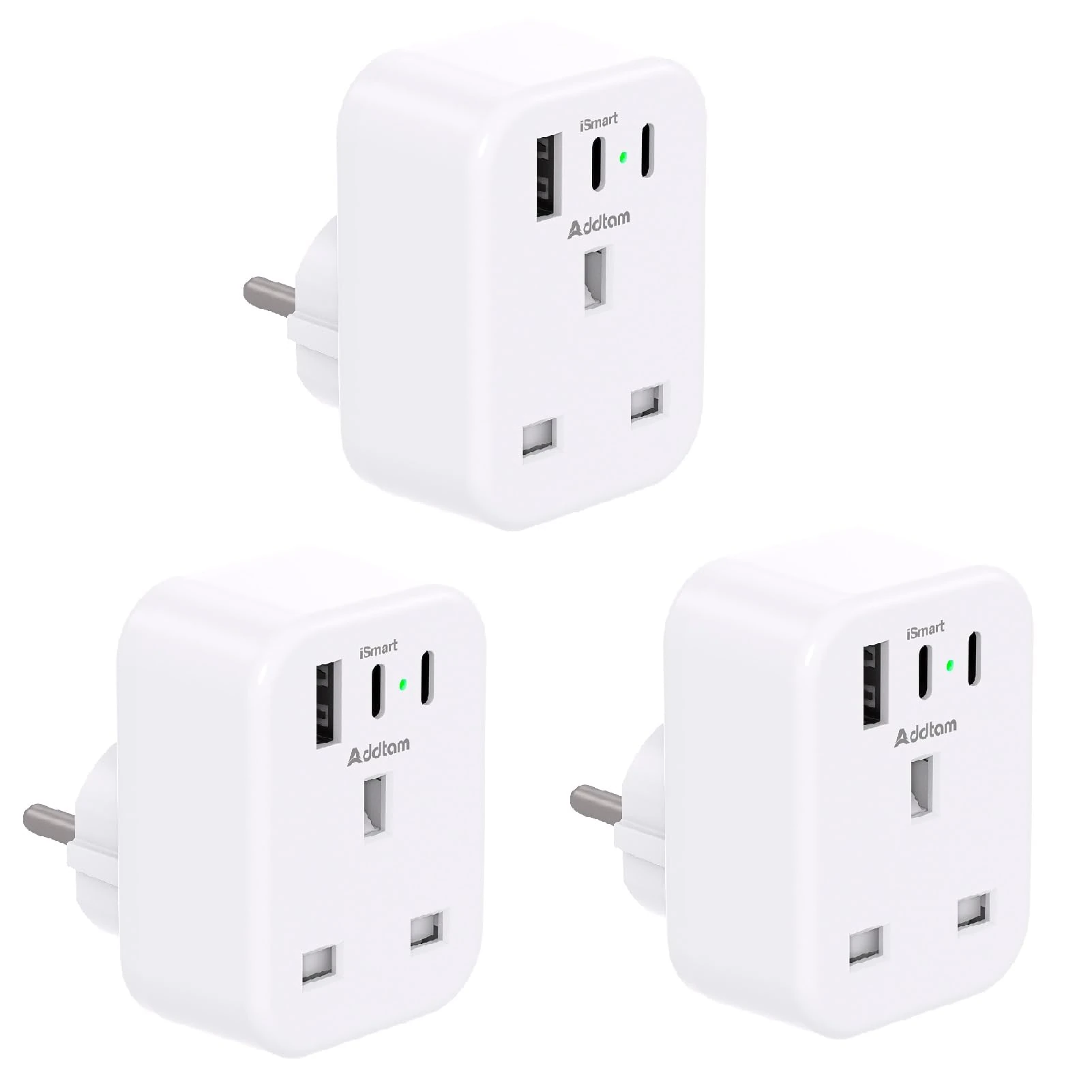 [3 Pack] UK to European Plug Adapter with 3 USB Ports(2 USB C), EU Schuko Travel Adaptor for Germany France Spain Turkey Russia Iceland Greece Poland Portugal Austria Netherlands(Type E/F)