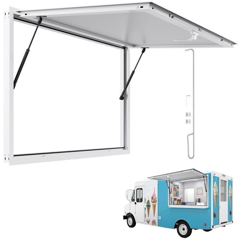 VEVOR Concession Window, Aluminum Alloy Frame Service Window for Food Truck, Up to 85 Degrees Stand Serving Window with Awning Door and Drag Hook (whole piece, 53x33in) - Image 1