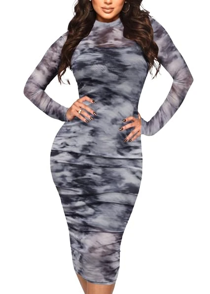 MOEENCN Sexy Long Sleeve Midi Dress for Women Sheer Mesh Printed 2 Piece Skirt Set Crew Neck Bodycon Party Clubwear Dresses, Grey, M