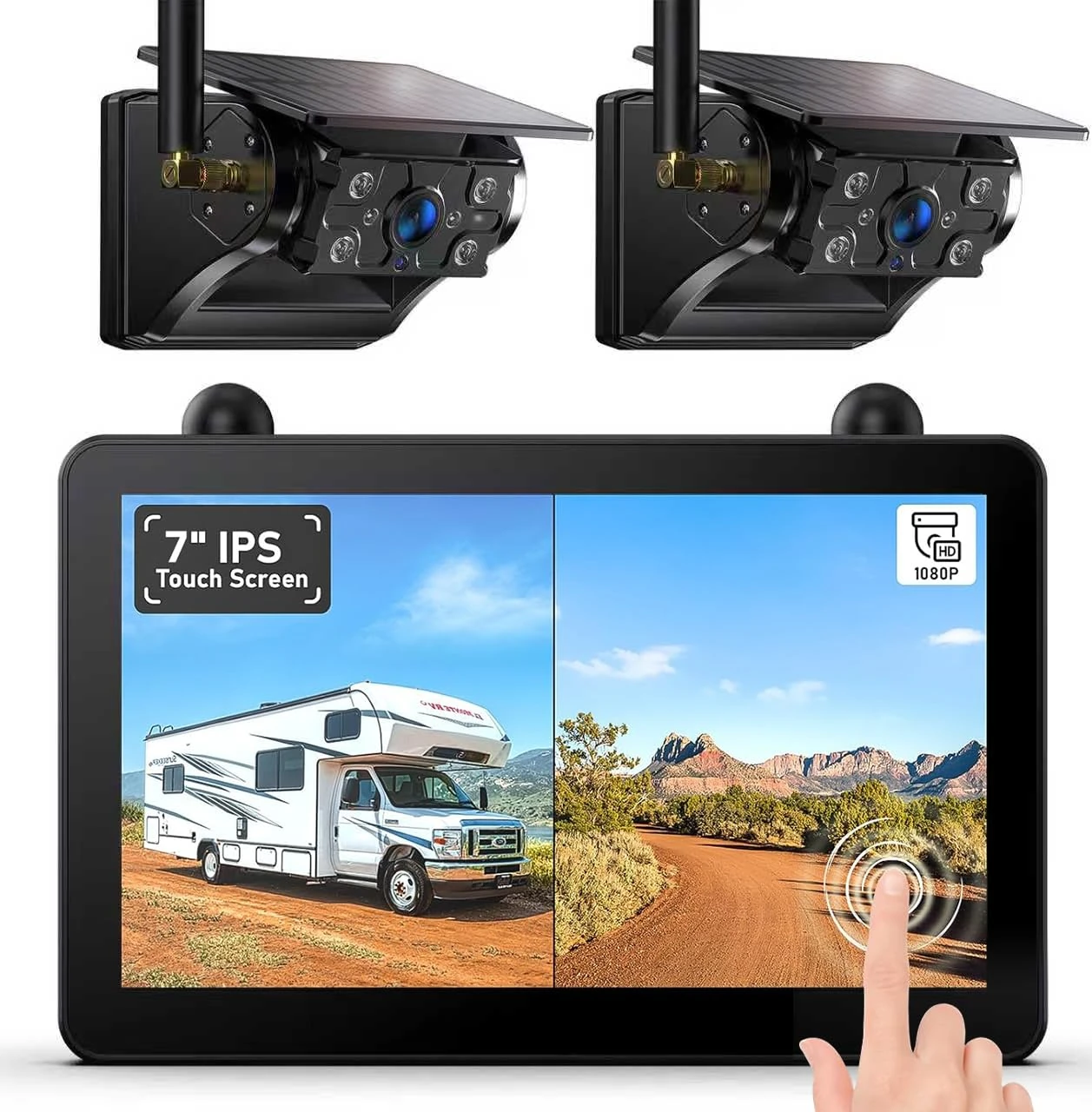 Solar Powered Wireless Reversing Camera Kit, 7" 1080P Touchscreen Monitor, 1 Min Installation, 12000mAh Rechargeable Battery, DVR Recording, IP69K Waterproof Rear View Camera for Car Van Motorhome