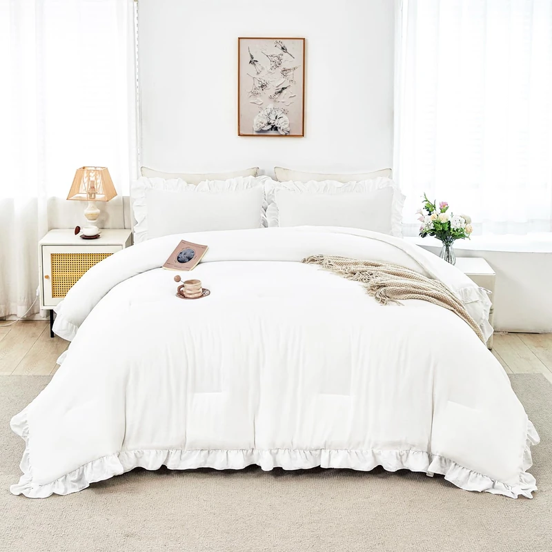 ANGIYUIN 5Pcs Queen Comforter Sets White Ruffle Bedding Sets for Women Men Vintage Farmhouse Bed Sets Solid Elegance Bed in A Bag for All Season（White Queen）