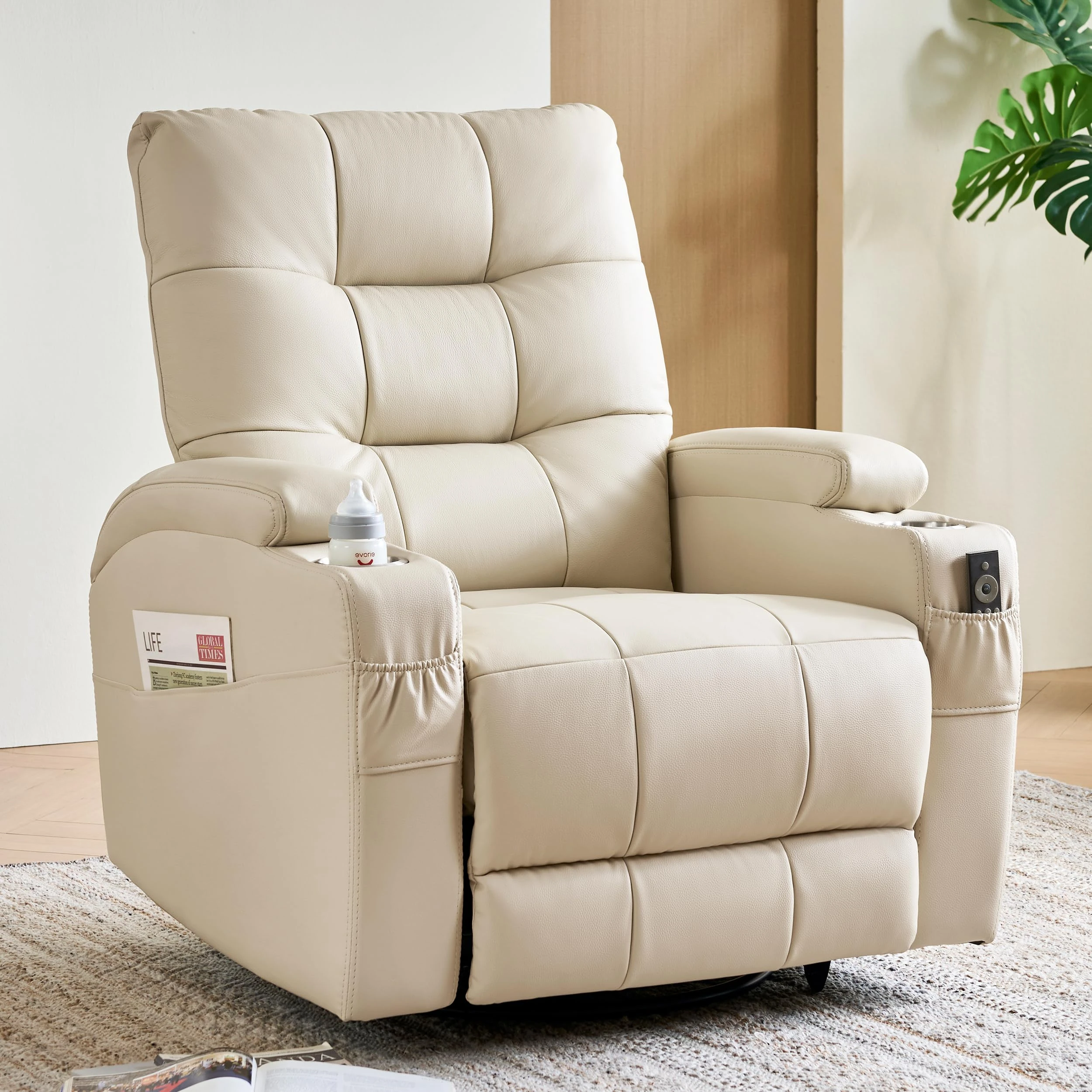 AIRSKY Genuine Leather Recliner Chair, Swivel and Rocking, Italian Water-Washing Process, Single Reclining Armchair for Living Room, Swivel Rocker Recliner Armchair for Adults, R2, Beige