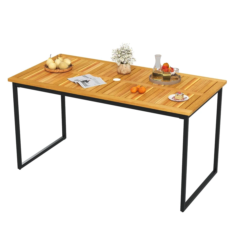 FANTASK Acacia Wood Dining Table, 140 x 70 x 73 cm, Garden Table with Umbrella Hole, Rectangular Balcony Table for 6 People, up to 75 kg, Rectangular Outdoor Dining Table for Garden, Patio - Image 1