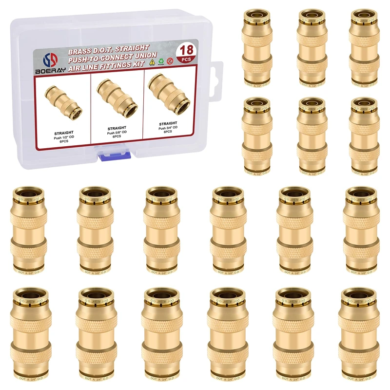 Boeray 18pcs Quick Connect Brass DOT Air Line Fittings Straight Union 5/8” 3/4” 1/2” Tube Push to Connect Fittings Air Suspension Fittings Straight Air Brake Union Push Lock Pneumatic Air Hose Fitting