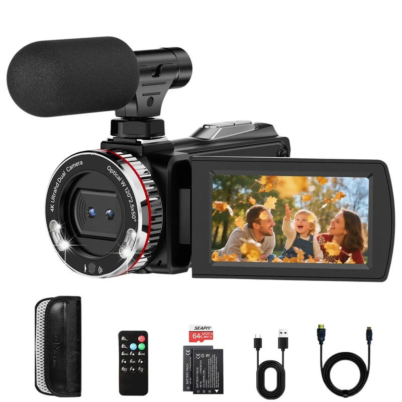 Euiivnt 4K Camcorder Video Camera, Vlogging Camera for YouTube with External Mic, Digital Zoom & 3.0” Flip Screen, 2 Batteries, 64GB Card & Remote Control (64MP CAM)