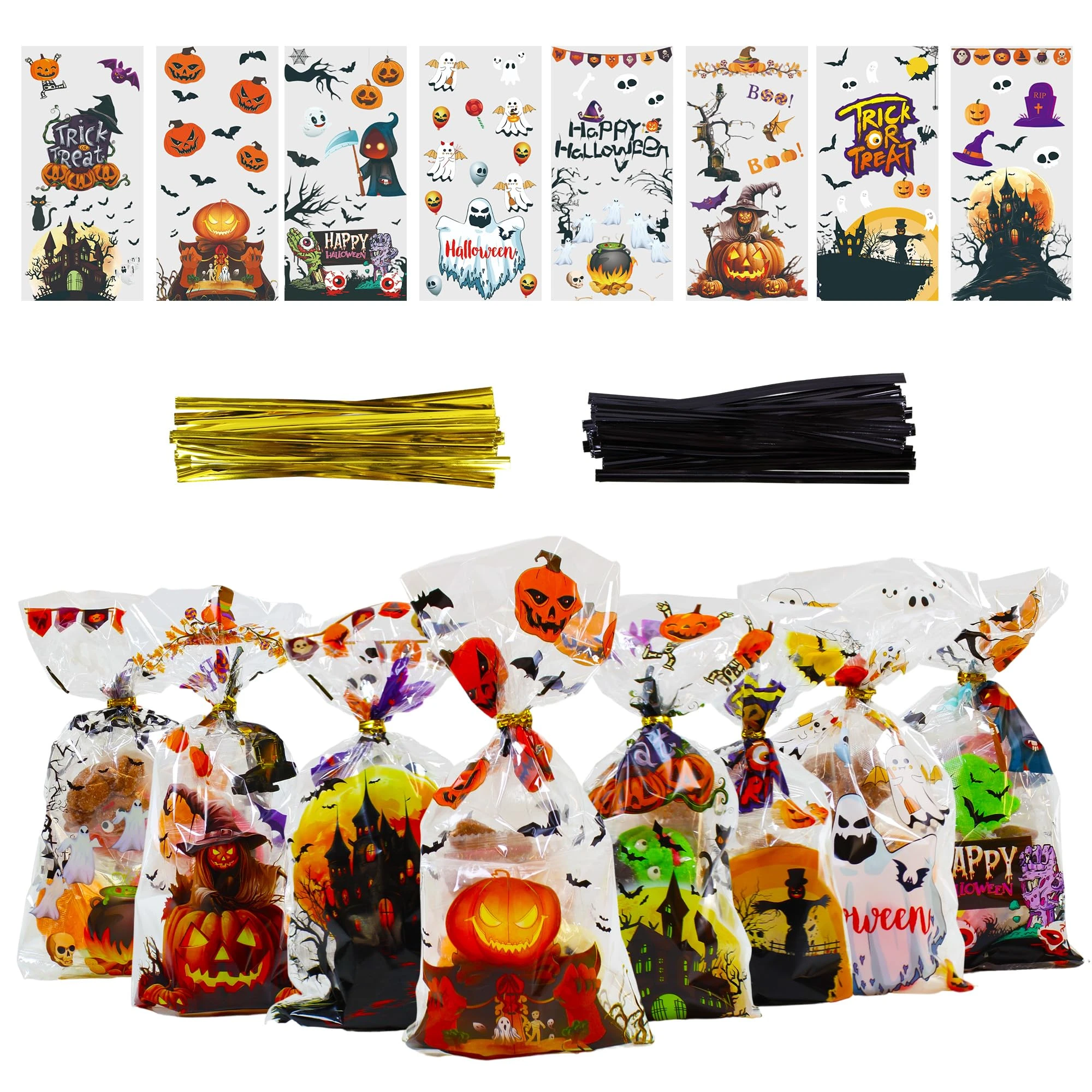 Ankyery 200 Pcs Halloween Sweet Bags, Treat Gift Bags with 220 Pcs Gold and Black Twist Ties, Cellophane Trick or Treat Bags for Sweets Snacks Cookies Packing, Halloween Party Supply-27 * 13cm
