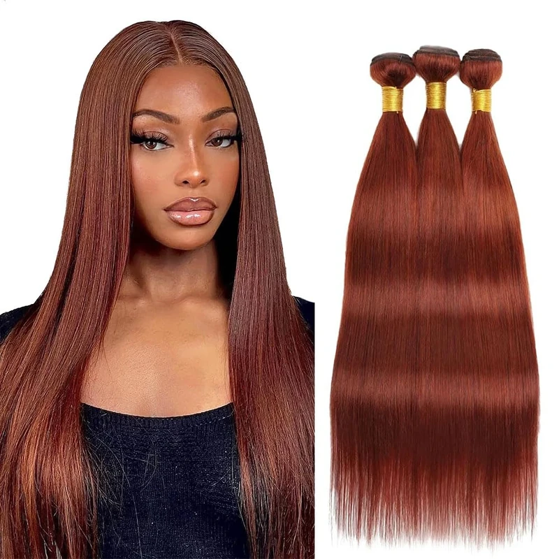 Tuheerst Straight Human Hair Bundles #33 Reddish Brown Color Doubles Weft Weave 3 Bundles Total 150g Unprocessed Human Hair Extension For Women 16 18 20 Inch