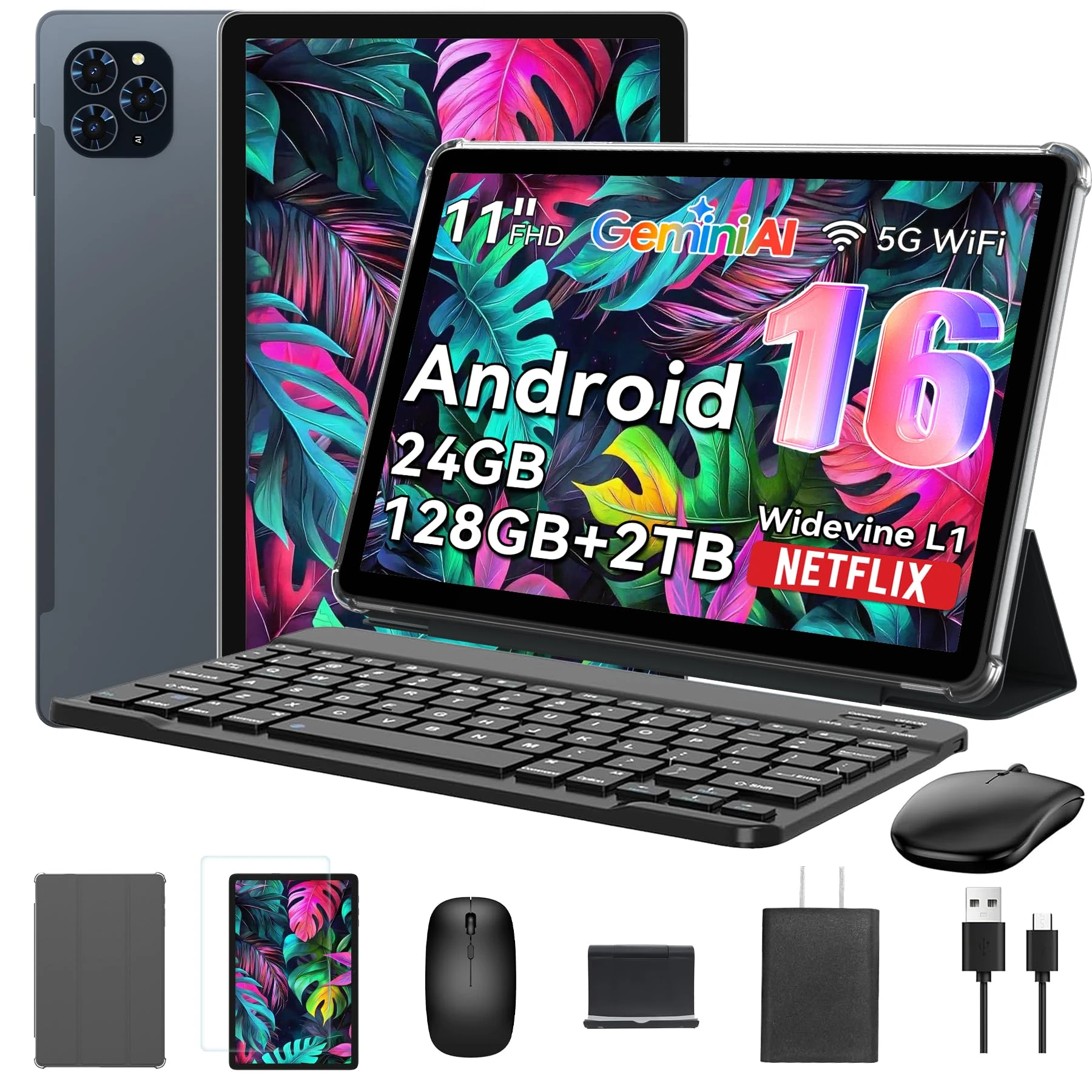 Tablet 2025 World's First Android 16 Tablet with Gemini AI, 11 Inch FHD Display, 24GB RAM 128GB ROM /2TB TF, T7280 CPU+13MP Camera, 8000mAh, Widevine L1, 2 in 1 Tablets with Keyboard Mouse Stylus