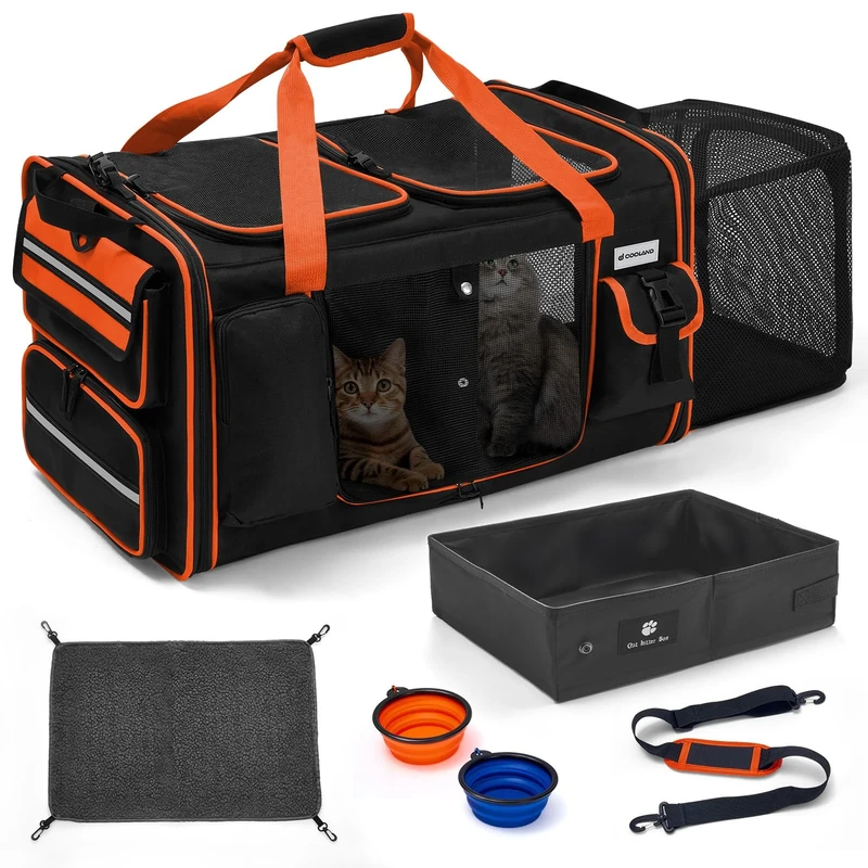 Odoland Extra Large Pet Carriers for 2 Cats Expandable Foldable Cat Travel Carrier Bag with Litter Box - Portable Dog Cat Soft-Sided Transport Carrier for Car Travel with Shoulder Strap Removable Mat