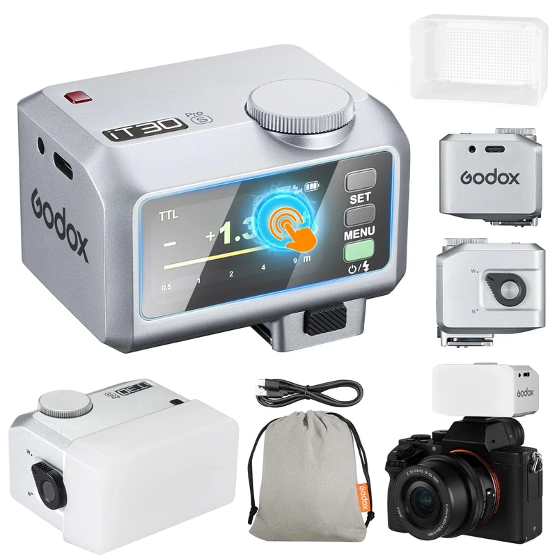 Godox iT30Pro-S iT30Pro S Mini Camera Flash with White Diffuser Speedlite560 Flashes at Full Wireless Master & Receiver Power 2.4G TTL Touchscreen for Sony Camera DSLR (Silver)