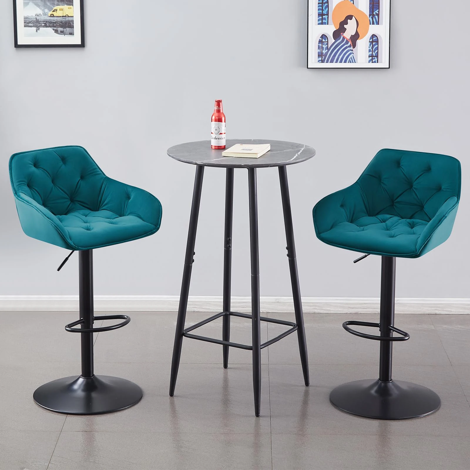 JaHECOME Velvet Bar Stools Set of 2 Height Adjustable 360°Swivel Modern Bar Chairs for Kitchen Home Breakfast Counter(2,Teal)