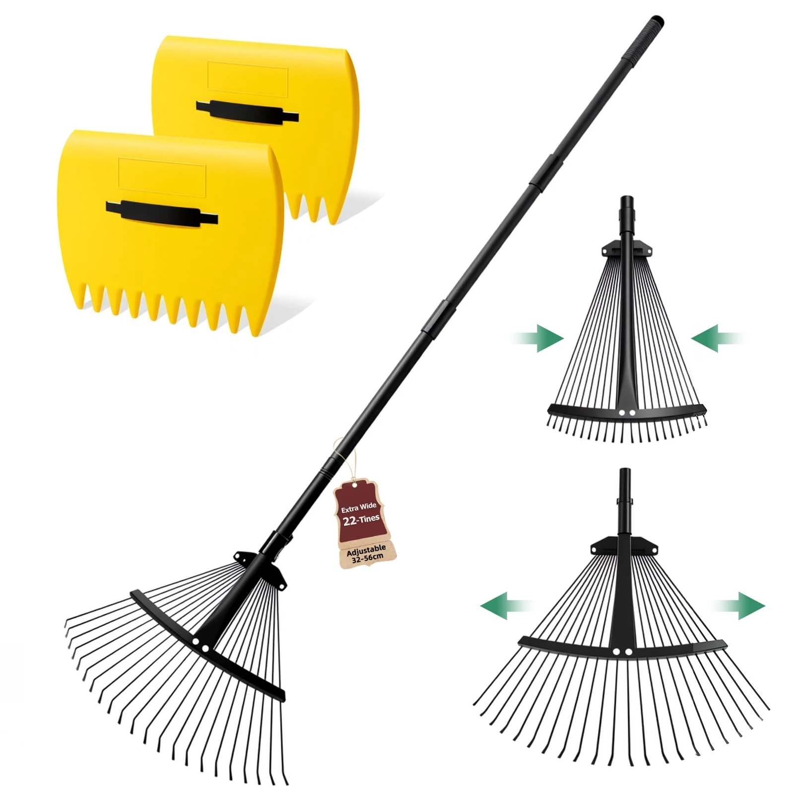 Extra Wide 22-Tines Adjustable Leaf Rake & Leaf Scoops Set, 32-56cm Width Adjustable Metal Garden Lawn Rake for Leaves, Heavy Duty & Lightweight for Flower Bed/Under Shrub/Pine Needle & Narrow Space