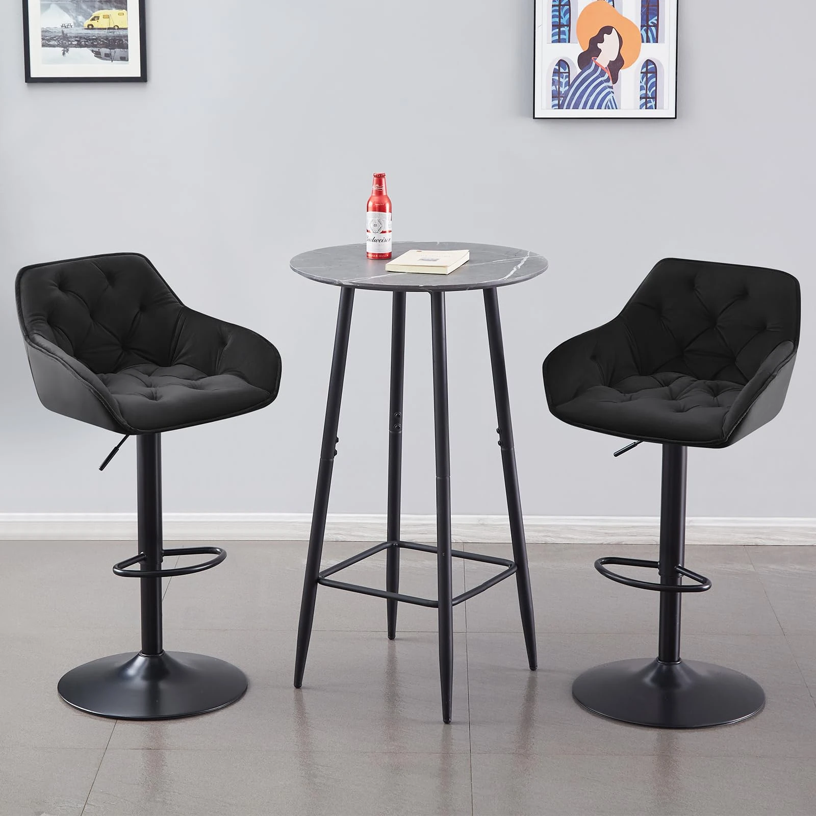 JaHECOME Velvet Bar Stools Set of 2 Height Adjustable 360°Swivel Modern Bar Chairs for Kitchen Home Breakfast Counter(2,Black)