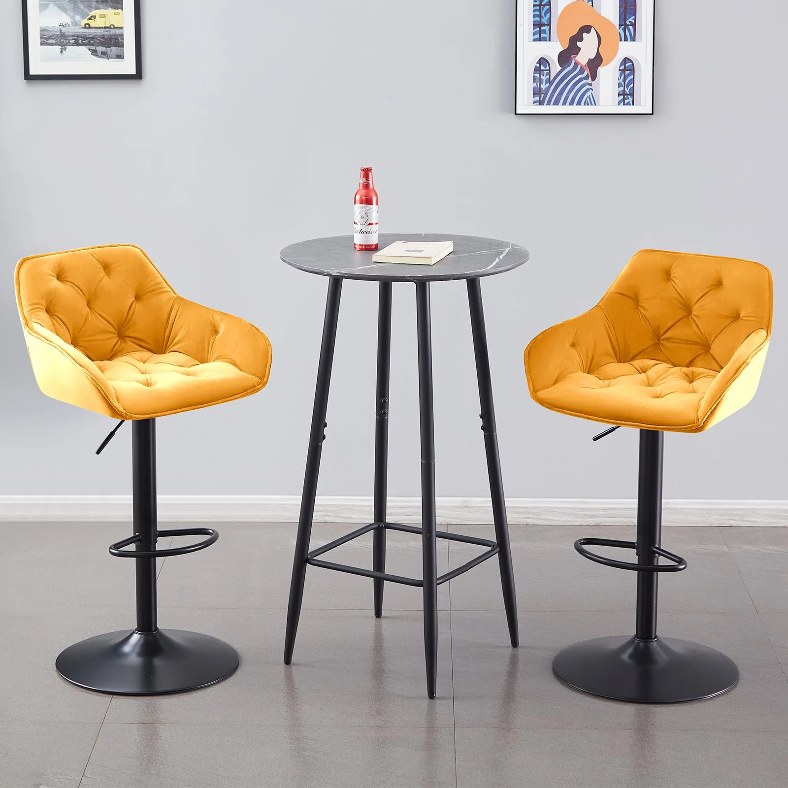 JaHECOME Velvet Bar Stools Set of 2 Height Adjustable 360°Swivel Modern Bar Chairs for Kitchen Home Breakfast Counter(2,Yellow)