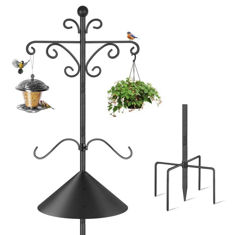 Bird Feeders Hanging Station Squirrel Proof, 233cm Bird Feeder Pole Stand, Free Standing Feeding Station, Heavy Duty Shepherds Hooks with baffle for Garden Solar Lights,Baskets hanger, Black, 1 Pack