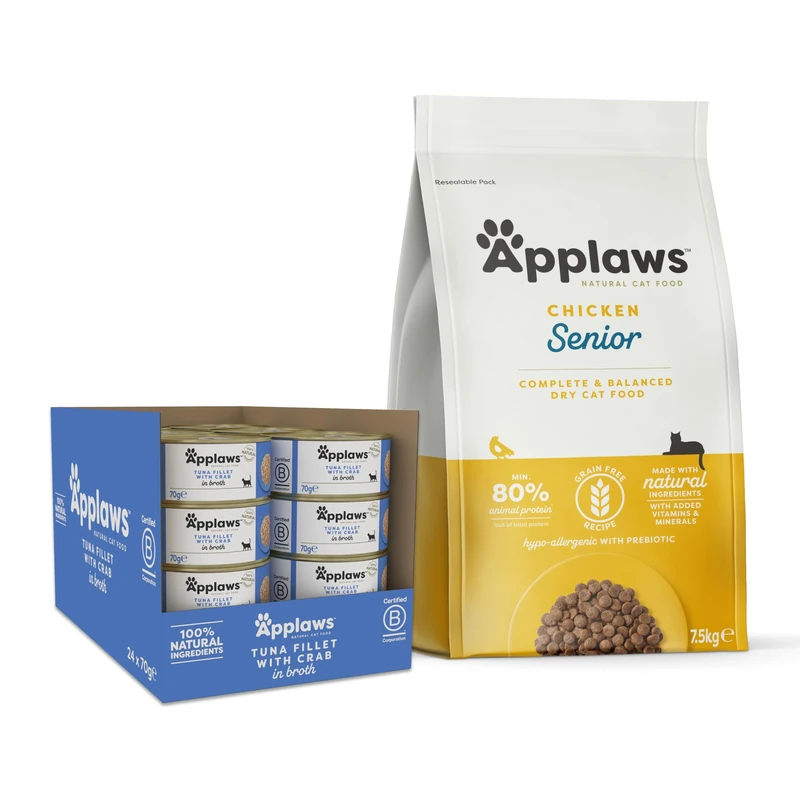 Applaws Senior Cat Food Bundle – Complete Chicken Kibble (7.5kg) + Tuna with Crab in Broth Tins (24 x 70g), 100% Natural Balanced Nutrition