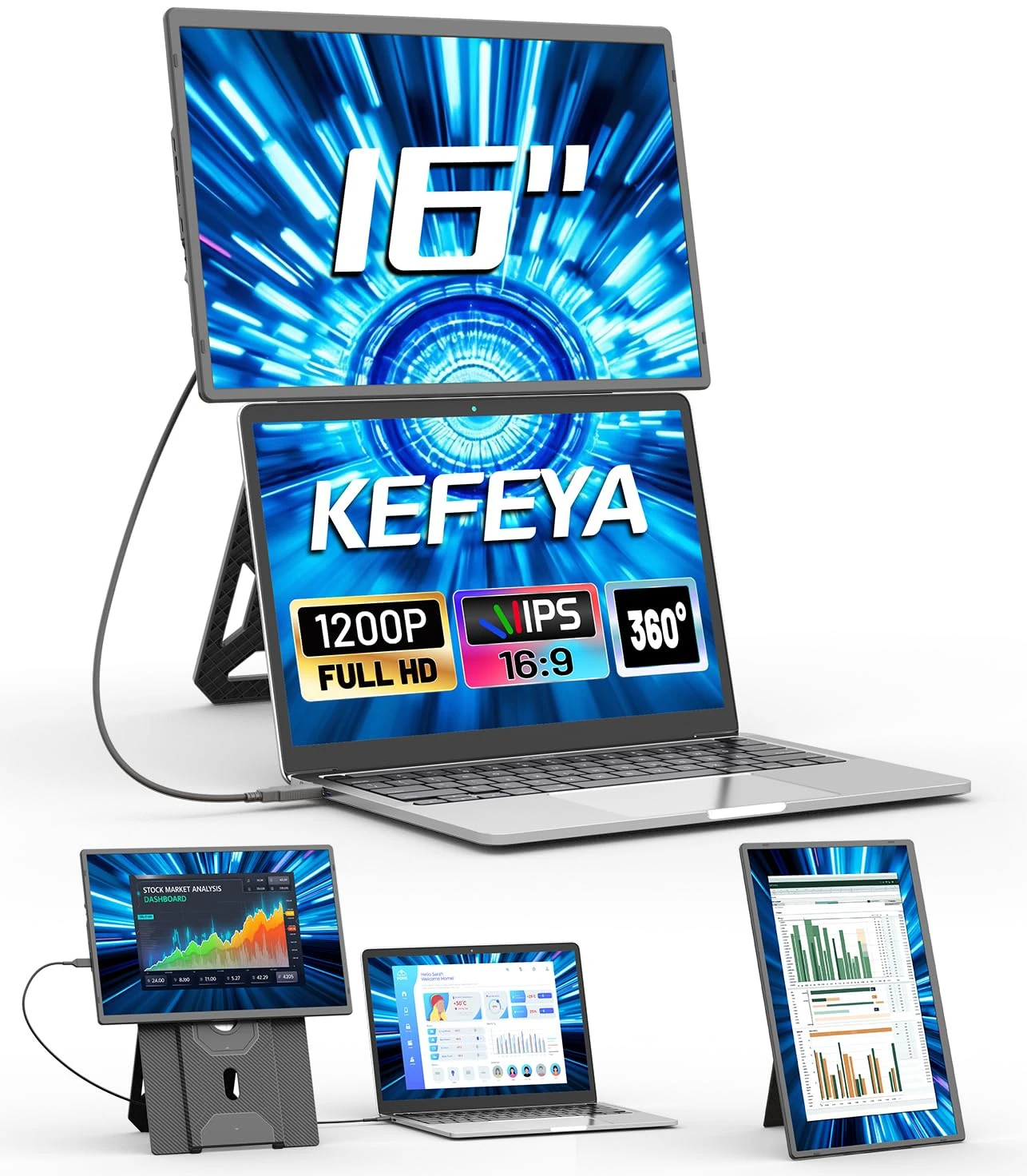 KEFEYA Portable Monitor, 16" FHD 1200P Laptop Screen Extender, 360° Rotation, Magnetic Mount Monitor, Travel Monitor For All Laptops, Plug and Play for Windows/Mac/Chrome/Xbox/PC