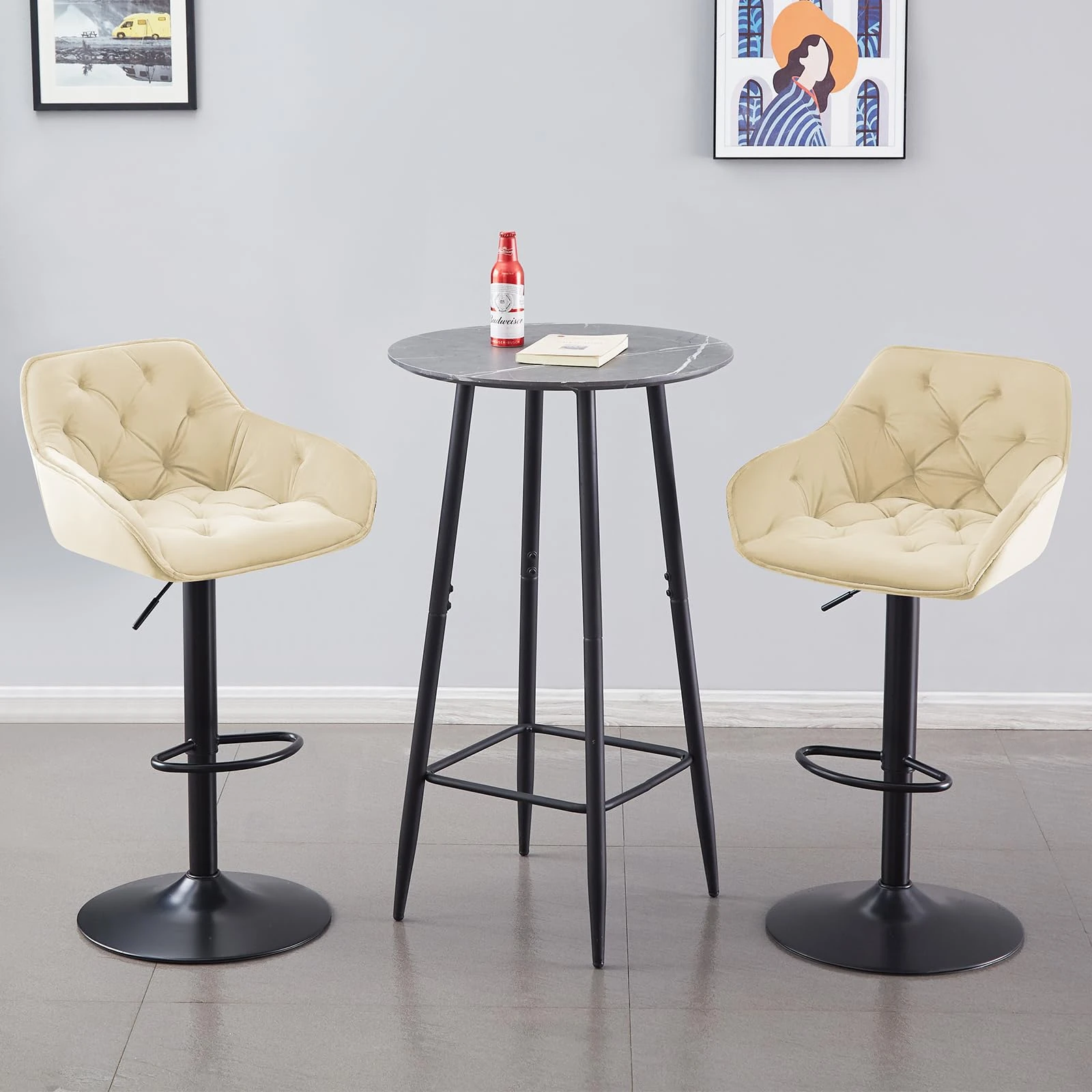 JaHECOME Velvet Bar Stools Set of 2 Height Adjustable 360°Swivel Modern Bar Chairs for Kitchen Home Breakfast Counter(2,Beige)