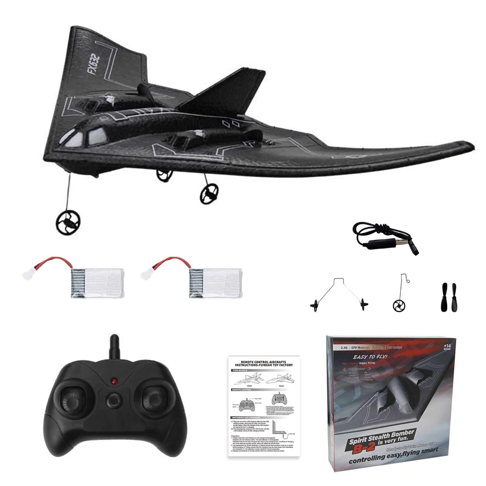 Stealth Bomber, Fx632 B-2 Remote Control Fighter, Foam Model Aircraft Drone Toy, Suitable for Children and Adults(2 battery)