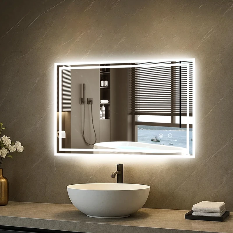 CROWNSHOP Bathroom Mirror with LED Lights 60x80cm Demister Touch Sensor | IP54 Waterproof | 5mm HD Explosion-Proof Glass | Aluminum Frame | Detachable Plug | Memory Lighting Horizontal/Vertical Mount