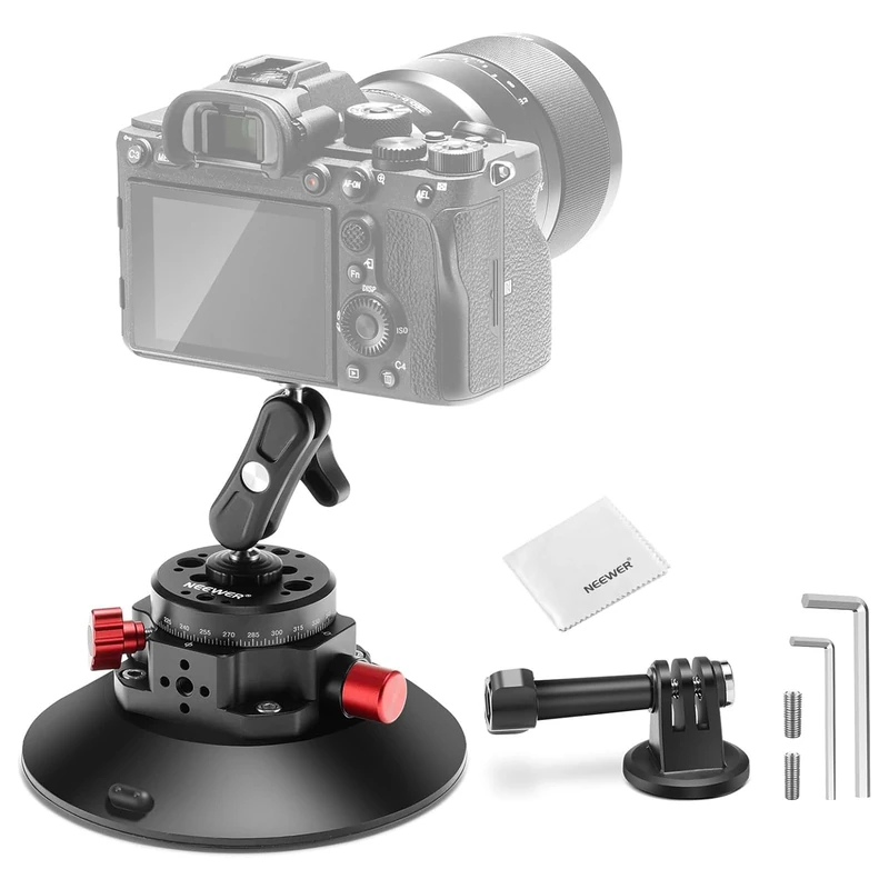 NEEWER 6" Suction Cup Mount Compatible with GoPro, Metal Car Windshield Dash Ball Head Magic Arm with Action Camera Adapter Cleaning Cloth for DSLR Holder, for POV Video Recording, CA013