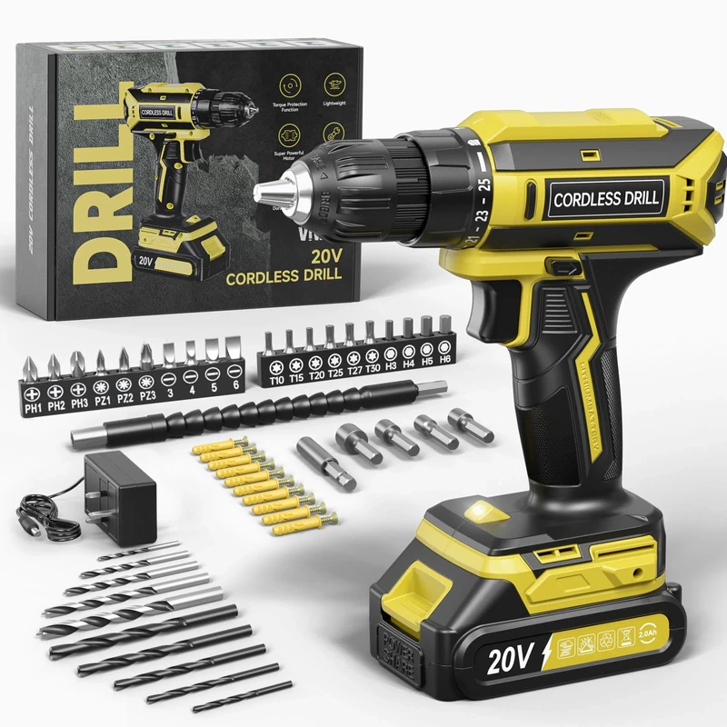 VIWKO 20V Cordless Combi Drill - 370in-lb Torque, 56pcs Kit, LED Light